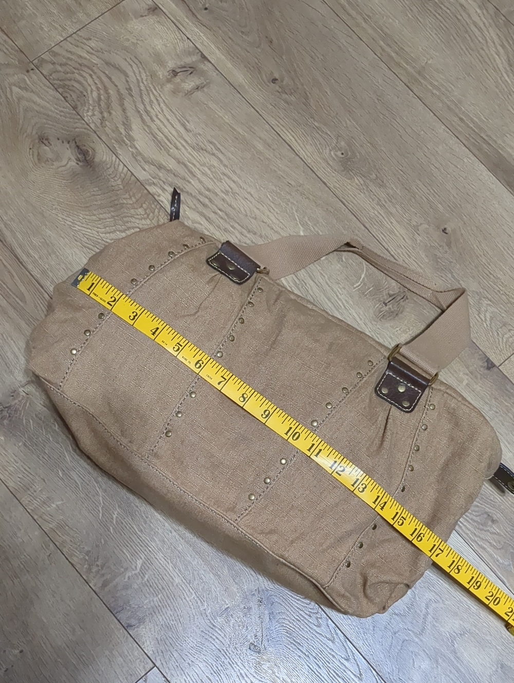 FOSSIL Tan Soft Canvas Brown Leather Gold Studded Tote Shoulder Bag - Picture 5 of 11